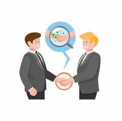 virus detected on magnifying glass from handshake activity in cartoon flat illustration vector
