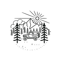 mountain line art with emblems. Summer vector illustrations. Design for t-shirt, stamp, label, logo, etc. isolated vector graphic.
