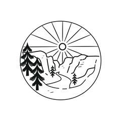 mountain line art with emblems. Summer vector illustrations. Design for t-shirt, stamp, label, logo, etc. isolated vector graphic.