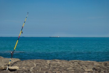 Fototapeta premium Fishing rod on a high rock, on the seashore.