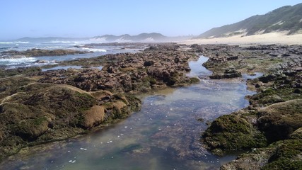 Felsenküste bzw. felsige Küste bei Ebbe bzw. Niedrigwasser