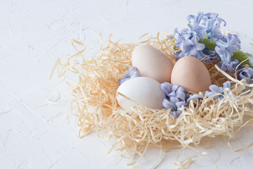 Easter background with Easter eggs and spring flowers