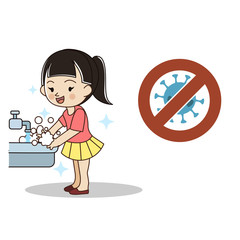 Vector cute girl washing hands. safe from virus, covid-19