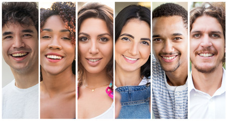 Diverse group of happy young people portrait set. Latin, black, Caucasian men and women multiple shot collage. Positive human emotions concept