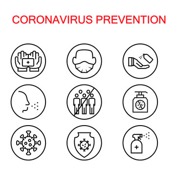Simple vector icon set of Coronavirus protection, prevention in line style.