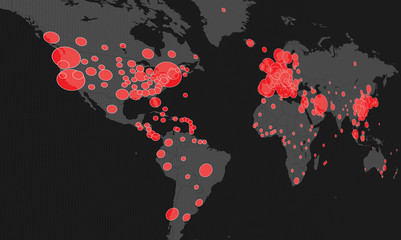 Map of the spread of the covid-19 virus by countries (2020-03-19)