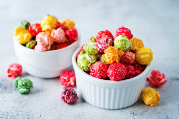 Multicolor caramel sweet Popcorn in a white bowl