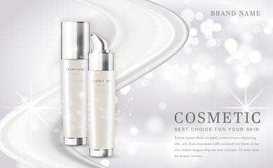 Vector 3D cosmetic make up illustration product bottle with elegant white shiny background