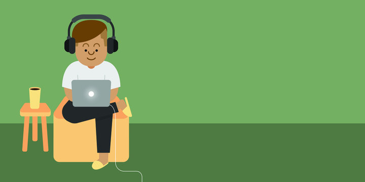 work from home. work at home. men in headphones listening to music and work at home. flat icon design.