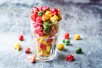 Multicolor caramel sweet Popcorn in a white bowl