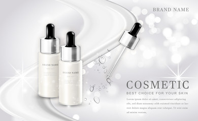 Vector 3D cosmetic make up illustration product bottle with elegant white shiny background