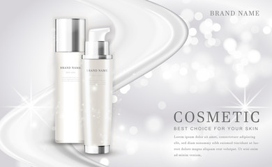 Vector 3D cosmetic make up illustration product bottle with elegant white shiny background