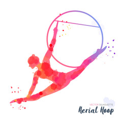 Silhouettes of a gymnast in the aerial silks. Vector watercolor illustration on a white background. Air gymnastics concept