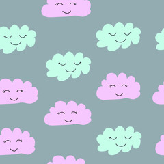 Seamless pattern with cute blue and pink clouds. Children's background. Vector illustration on a grey background