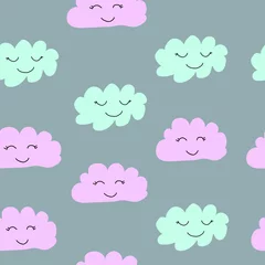 Behangcirkel Seamless pattern with cute blue and pink clouds. Children's background. Vector illustration on a grey background © Irina Ostapenko