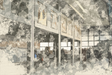 Watercolor sketch postcard  of interior in The Acropolis Museum in Athens, Greece, Europe