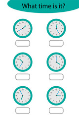 What time is it, game with clocks for children, fun education activity for kids, educational task for the development of logical thinking, preschool worksheet activity, vector illustration