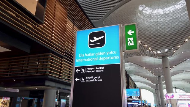Istanbul, Turkey - February 2020: Directional signage showing international flights in New Istanbul Airport
