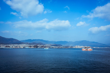 Miyajima, Japan - January 02, 2020: Ferry Boat to Itsukushima Shrine
