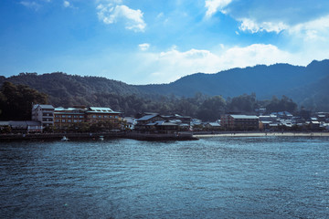 Naklejka premium Miyajima, Japan - January 02, 2020: Ferry Seaside of the Itsukushima Island