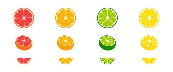 Citrus collection. Set of fresh fruit in flat design. Grapefruit, lime, orange and lemon, isolated on white background. Fresh citrus fruits with shadow. Vector illustration