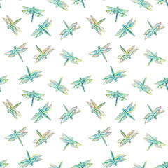 Seamless texture Set of dragonflies insects watercolor bright summer wings on a White background