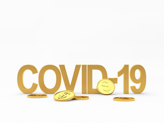 Covid-19 coronavirus symbol and gold coins with a dollar sign isolated on white background. 3D illustration