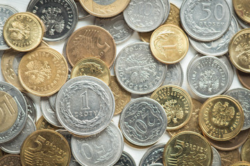 Coins of the Polish national currency. Background with polish coins. Top view.