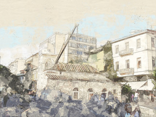 Watercolor sketch or illustration of a beautiful view of the city street  architecture of Athens in Greece