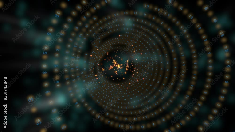 Poster abstract frame tunnel of spiral of small dollar icons in zoom in motion on black background.