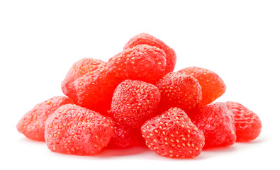 Pile of dried strawberries closeup on a white background. Isolated