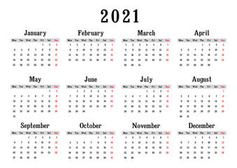 calendar 2021, week starts on Monday, basic business template. vector illustration