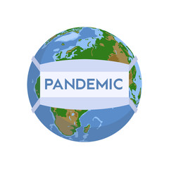 Pandemic, planet earth in a medical protective antimicrobial mask. Coronavirus COVID-19 and quarantine
