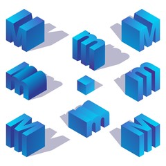 Blue gradient english isometric letter M with shadow