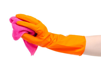 Cleaning rag in rubber glove hand on white background isolation