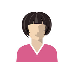 Icon of woman with dark hair and light skin, simplified flat color image, female avatar. Vector isolated illustration