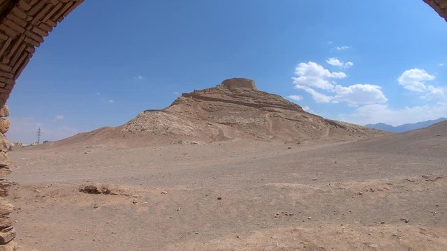 Yazd, Iran - May 2019: Ruins of ritual buildings next to Zoroastrians Dakhmeh Towers of Silence in Yazd city