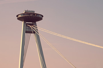 SNP bridge's pylon and UFO tower of Bridge of the Slovak National Uprising, Bratislava, Slovakia © Gelia