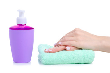 Soap dispenser with towel, female hands hygiene on white background isolation