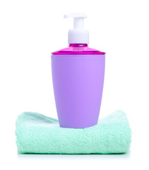 Obraz na płótnie Canvas Soap dispenser with towel hygiene on white background isolation