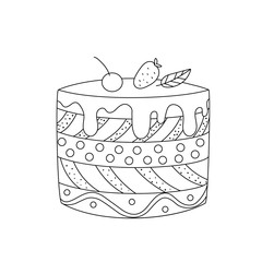A simple cake with an ornament, layers, decoration. Hand drawn vector illustration, black lines on white, Doodle, sketch.Cute coloring book for children.