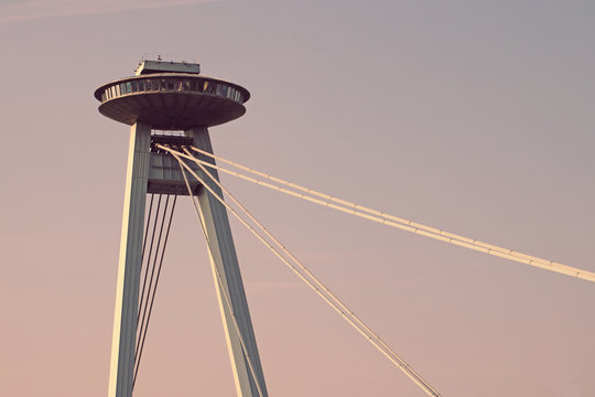 SNP bridge's pylon and UFO tower of Bridge of the Slovak National Uprising, Bratislava, Slovakia