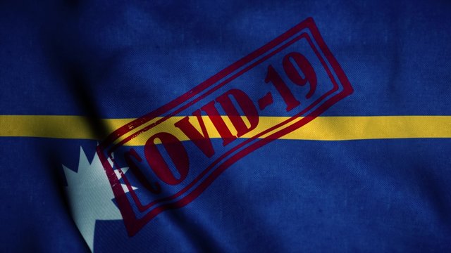 Covid-19 stamp on the national flag of Nauru. Coronavirus concept. 3d illustration