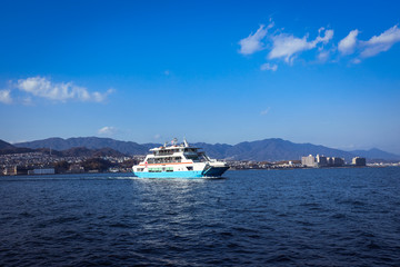 Miyajima, Japan - January 02, 2020: Ferry Boat to Itsukushima Shrine