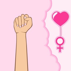 Raised fist of girl power. A woman hand on a pink background. vector illustration of girl power for celebrating women's day. Good for template background, banner, poster, etc. 
