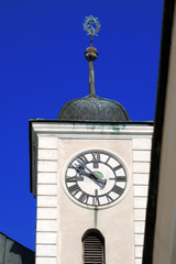 Clock tower of Cerveny Kamen Castle (Red stone castle) near Casta village, Slovakia