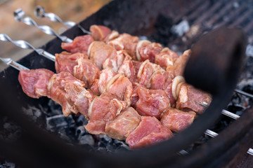 Cooking small pieces of meat (kebab) on coals using metal skewers on a background of rusty barbecue.