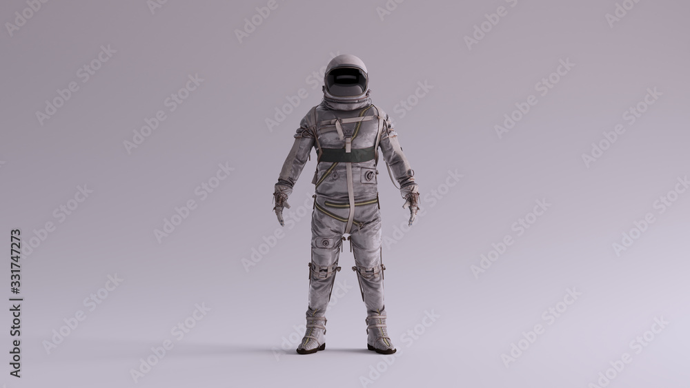 Wall mural retro astronaut with black visor and silver white spacesuit with light grey background with neutral 
