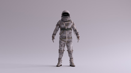 Fototapeta premium Retro Astronaut with Black Visor and Silver White Spacesuit With Light Grey Background with Neutral Diffused Side Lighting Front View 3d illustration 3d render