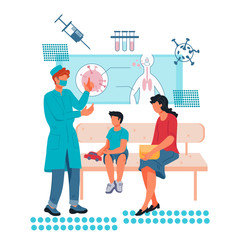 Children vaccination and immunization in healthcare clinic or hospital scene with doctor pediatrician makes an injection of flu vaccine to a kid. Medicine, virus diseases prevention and immunize.